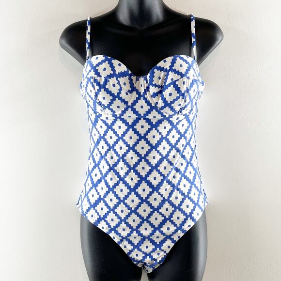J. Crew x SZ Blockprints Geo One Piece Swimsuit Bathing Suit Blue White 8